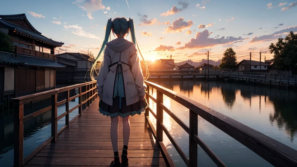 Hatsune Miku standing on a wooden bridge illuminated by the setting sun。She stared into the distance、I&#39;m reminiscing on fond memories。Surrounded by a quiet lake、Her hair is blowing in the wind。This scene is、It has a calm and emotive atmosphere that connects the past and the present.。