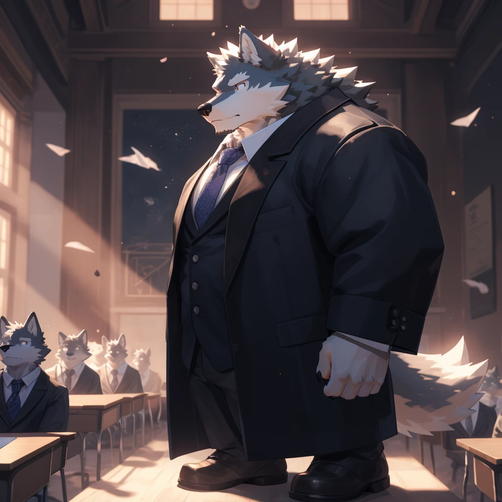masterpiece,ultra-detailed,illustration,detailed lighting,(1 anthro wolf furry character:1.1),(Wolf's facial features:1.1),(Magic academy teacher:1.2),(Completely black fur:1.3),santhropomorphic,piercing eyes,black tie,buttoned up all the way,moonlit interior of magic academy classroom,wooden desks and chairs,blackboard,moonlight filtering through tall windows,a sense of strict discipline,cold intellectualism,restraint,Stand upright with feet slightly apart,hands clasped behind back,完美的male身材,pawpadsanthropology((Dramatic))epic, Dynamic poses, a scene of, Extreme perspective and powerful composition, Depth of Field, Motion blur, absurd, looking at the audience, Perfect anatomical structure, , arms, (best quality), (masterpiece), (ultra deTailed), Clear focus, Niji, Eye contact, Black eyes, anthropology (Wolf), male, Black body, Tail, muscular, ultra deTailed face,big balls