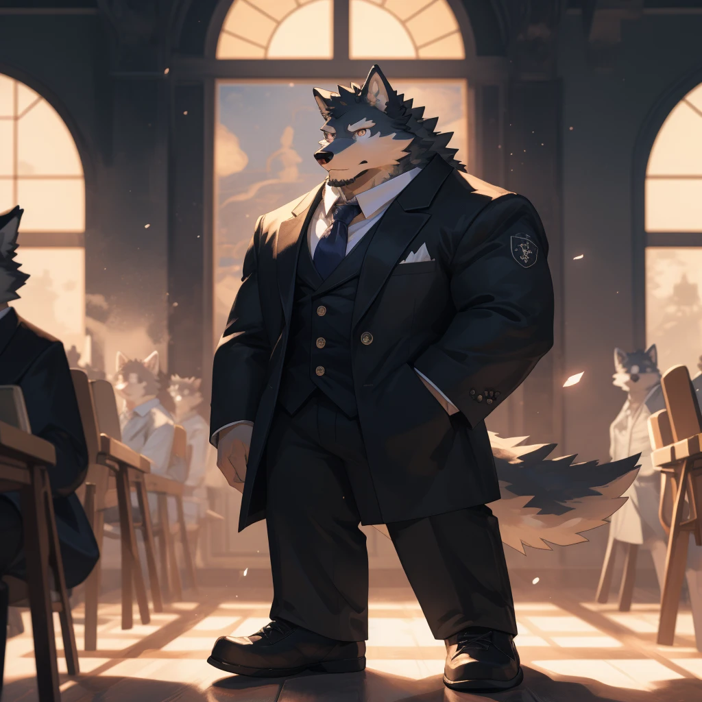 masterpiece,ultra-detailed,illustration,detailed lighting,(1 anthro wolf furry character:1.1),(Wolf's facial features:1.1),(Magic academy teacher:1.2),(Completely black fur:1.3),santhropomorphic,piercing eyes,black tie,buttoned up all the way,moonlit interior of magic academy classroom,wooden desks and chairs,blackboard,moonlight filtering through tall windows,a sense of strict discipline,cold intellectualism,restraint,Stand upright with feet slightly apart,hands clasped behind back,完美的male身材,pawpadsanthropology((Dramatic))epic, Dynamic poses, a scene of, Extreme perspective and powerful composition, Depth of Field, Motion blur, absurd, looking at the audience, Perfect anatomical structure, , arms, (best quality), (masterpiece), (ultra deTailed), Clear focus, Niji, Eye contact, Black eyes, anthropology (Wolf), male, Black body, Tail, muscular, ultra deTailed face,big balls