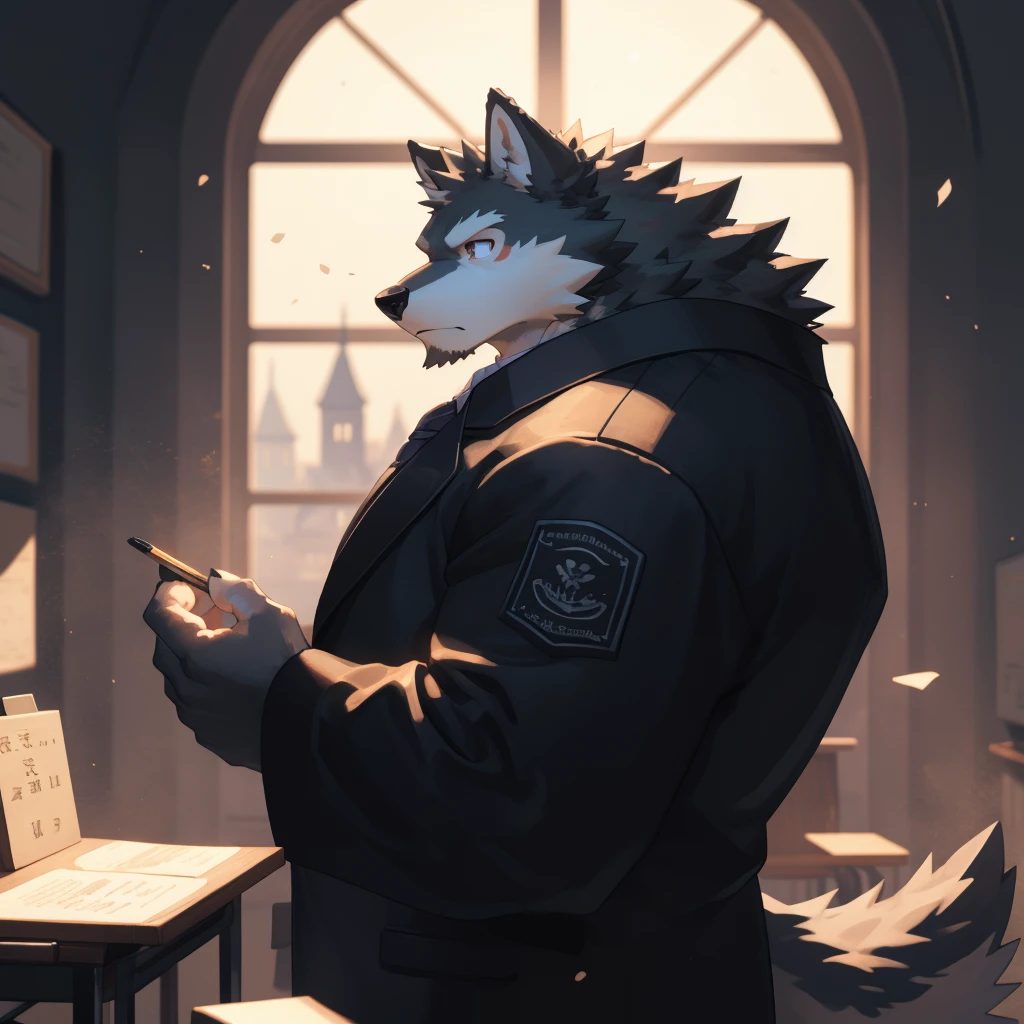 masterpiece,ultra-detailed,illustration,detailed lighting,(1 anthro wolf furry character:1.1),(Wolf's facial features:1.1),(Magic academy teacher:1.2),(Completely black fur:1.3),santhropomorphic,piercing eyes,black tie,buttoned up all the way,moonlit interior of magic academy classroom,wooden desks and chairs,blackboard,moonlight filtering through tall windows,a sense of strict discipline,cold intellectualism,restraint,Stand upright with feet slightly apart,hands clasped behind back，完美的male身材，pawpadsanthropology((Dramatic))epic, Dynamic poses, a scene of, Extreme perspective and powerful composition, Depth of Field, Motion blur, absurd, looking at the audience, Perfect anatomical structure, , arms, (best quality), (masterpiece), (ultra deTailed), Clear focus, Niji, Eye contact, Black eyes, anthropology (Wolf), male, Black body,  Tail, muscular, ultra deTailed face，big balls
