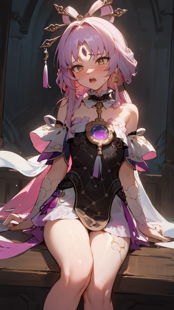 masterpiece, absurd, (Intricate details), (rich and colorful), cinematography lighting, Extremely detailed 8k CG Unity wallpaper, 1 girl, Small Breasts,short ，White Silk， National Foundation, provocation, nervous, Awkward，ashamed，lol, blush, Tattered，Jade Foot, ，Loli，Tighten your legs，open mouth，A white liquid flows from the inside of the mouth，
