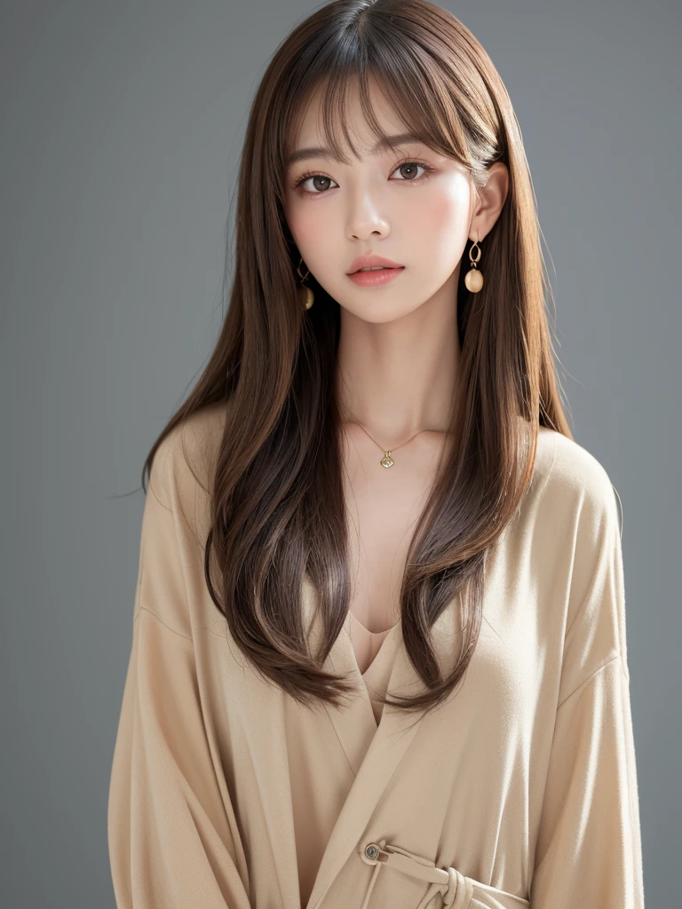 ((Highest quality, 8K, masterpiece:1.3)), concentrate: 1.2, Perfect body beauty: 1.4, Hips: 1.2, ((Long Hair, chest: 1.2)), (Dry clothes: 1.1) , (clear, Simple Background:1.3), Simple clothes: 1.1, Highly detailed face and skin texture,Delicate eyes, double eyelid, Whitened skin, Rough skin、Long Hair、Earrings with bangs、necklace、 solo、Beige coat、White shirt, (((Beautiful girl with cute Japan)))、 ((Beautiful Japanese girl 20 years old))、 ((Baby Face))、 (((Slender body)))、 Upper Body,Face focus、necklace,Simple Background,From above, Realistic Hair、 A photograph was taken:Canon EOS R6、135mm、1/1250 seconds、f2.8、ISO400、(Detailed explanation of the hand)、(Masseter muscle area)、(Exquisite CG)、Long Hair, loose and curly hair、Korean Hair、Long Hair明るいベージュ色、グラデーションハイライトグレージュのゆるふわLong Hairスタイル、