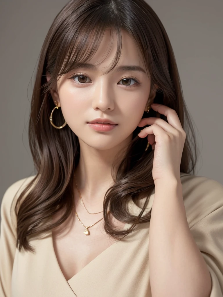 ((Highest quality, 8K, masterpiece:1.3)), concentrate: 1.2, Perfect body beauty: 1.4, Hips: 1.2, ((Long Hair, chest: 1.2)), (Dry clothes: 1.1) , (clear, Simple Background:1.3), Simple clothes: 1.1, Highly detailed face and skin texture,Delicate eyes, double eyelid, Whitened skin, Rough skin、Long Hair、Earrings with bangs、necklace、 solo、Beige coat、White shirt, (((Beautiful girl with cute Japan)))、 ((Beautiful Japanese girl 20 years old))、 (())、 (((Slender body)))、 Upper Body,Face focus、necklace,Simple Background,From above, Realistic Hair、 A photograph was taken:Canon EOS R6、135mm、1/1250 seconds、f2.8、ISO400、(Detailed explanation of the hand)、(Masseter muscle area)、(Exquisite CG)、Long Hair, loose and curly hair、Korean Hair、Long Hair明るいベージュ色、グラデーションハイライトグレージュのゆるふわLong Hairスタイル、