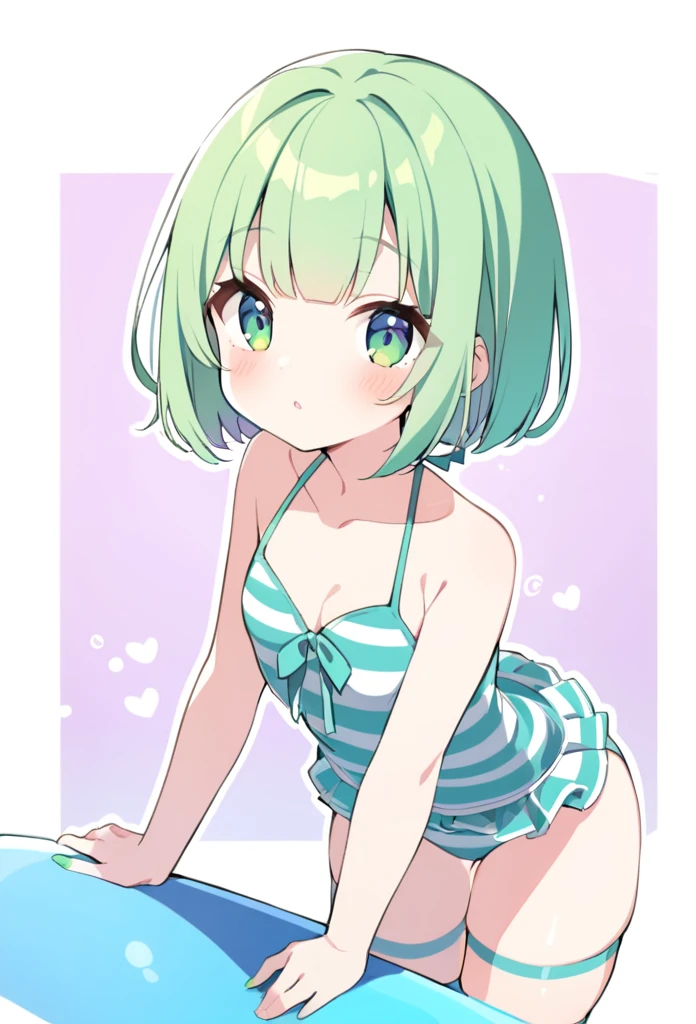 1 girl, cute, young, green hair, bob haircut, green eyes, swimsuit, thigh high,
