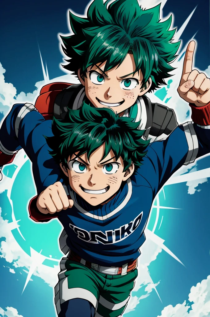 Oc de Boku no hero academia, 5 year old boy, don kinesis, cabello color celeste y verde, fondo de la UA con izuku 
