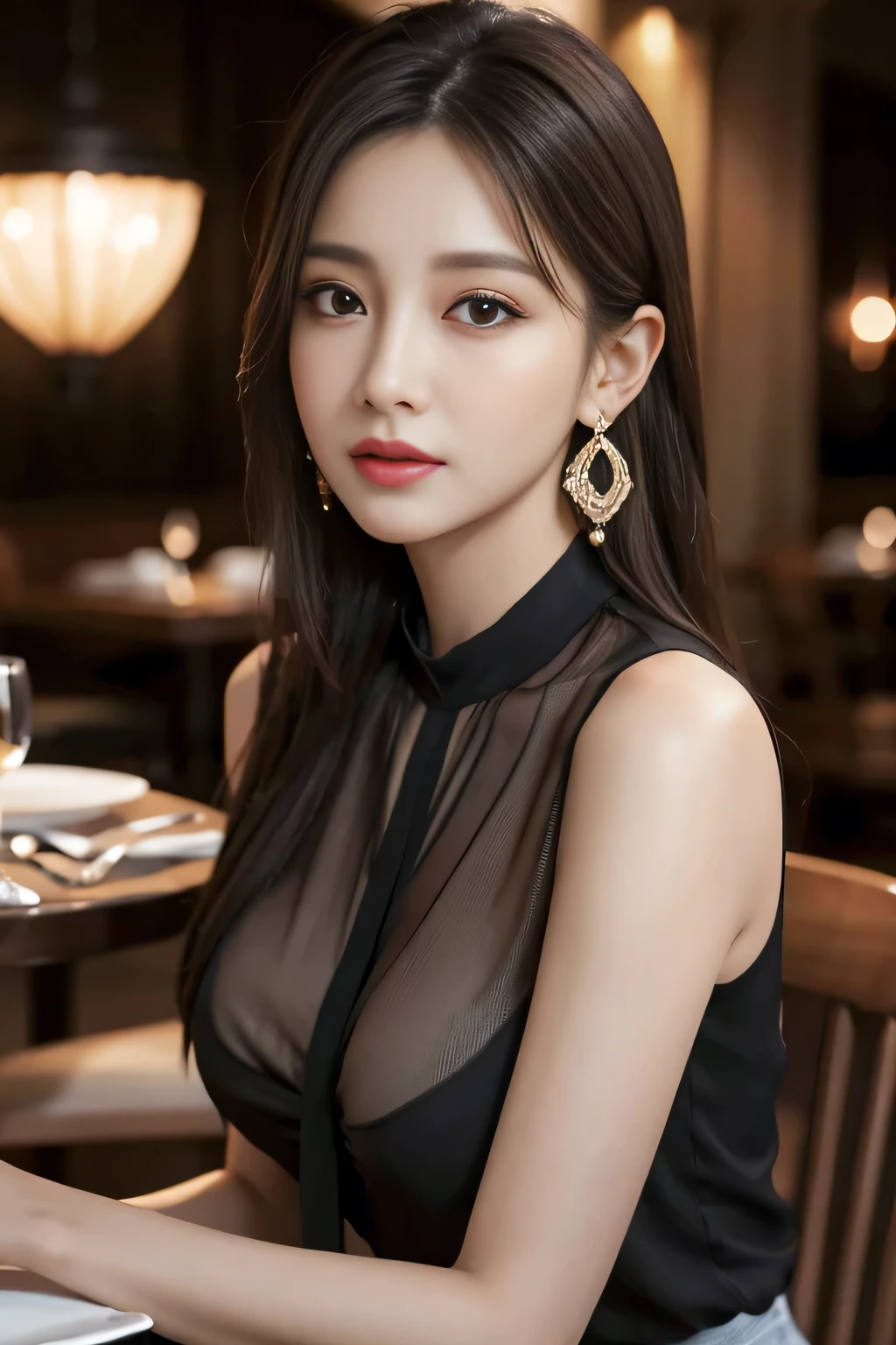 do, Highest quality, Realistic, Very detailed, Finer details, High resolution, 8k wallpaper, One beautiful woman,Wear an elegant black see-through blouse, In a great restaurant, At night, Light brown messy hair, Perfect dynamic composition, Beautiful and beautiful eyes、Big earrings、Sit on a chair、Sleeveless shirt、