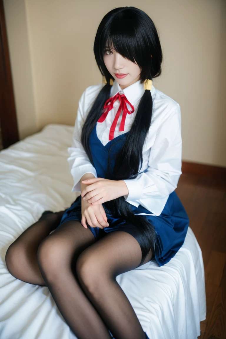 best quality, tmasterpiece,Ultra-high resolution,Clear face,(Reality:1.4),ferpect lighting,(full body shot), (photorealistic:1.50), anime wallpaper, Guviz style artwork, cover-up fantasy up to magic , by Yang J, Guviz, beautiful artwork illustration, beautiful digital artwork, beautiful digital illustration, Li Song, beautiful anime portrait, art style in Beauvot, tokisaki kurumi, black hair, low twintails, (hair over one eye:1.5), (red eyes:1.2), (small breast:1.2), BREAK blush, smile, thighhighs, bow, ribbon, cleavage, frills, apron, white thighhighs, wrist cuffs, maid, maid headdress, garter straps, BREAK looking at viewer, BREAK indoors, bed, bedroom, BREAK