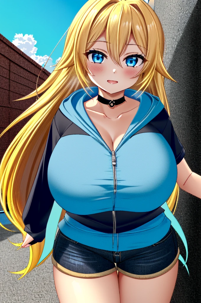 nsfw, (Fine grain:1.3), Beautiful lighting, (One girl:blue eyes, Blonde, Ridiculously long hair, (Hair between the eyes:1.1)), (Real Skin), (Outdoor, alley:1.3),
hoodie, Black Choker, Short sleeve, Dolphin Shorts,
Ocean park, (AS-Young V2:1.3),