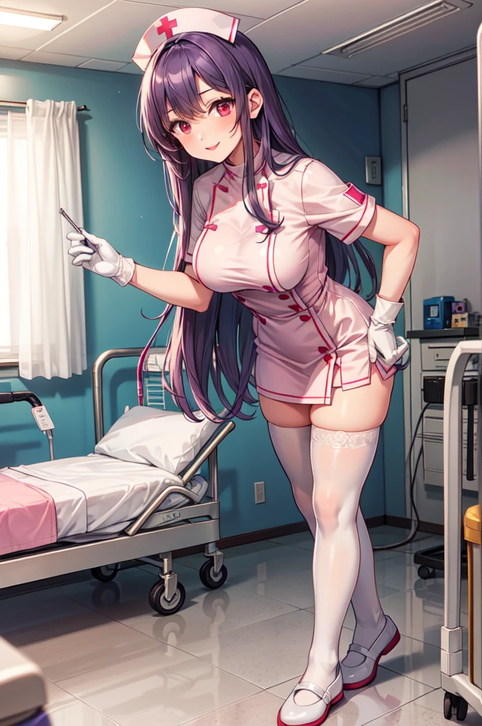 1woman, solo, nurse, white nurse cap, white nurse uniform, ((white legwear, zettai ryouiki)), white gloves, long hair, purple hair, red eyes, pink lips, smile, standing, ((hospital room)), sharp outline, short sleeves, mature female, 35 years old, best quality, masterpiece