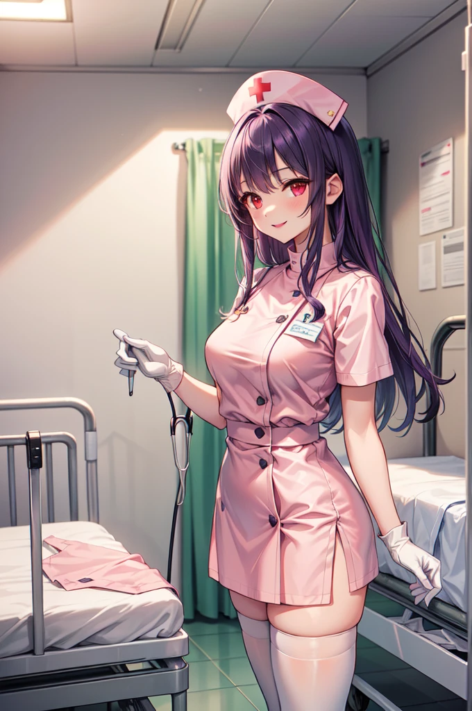 1woman, solo, nurse, white nurse cap, white nurse uniform, ((white legwear, zettai ryouiki)), white gloves, long hair, purple hair, red eyes, pink lips, smile, standing, ((hospital room)), sharp outline, short sleeves, mature female, 35 years old, best quality, masterpiece