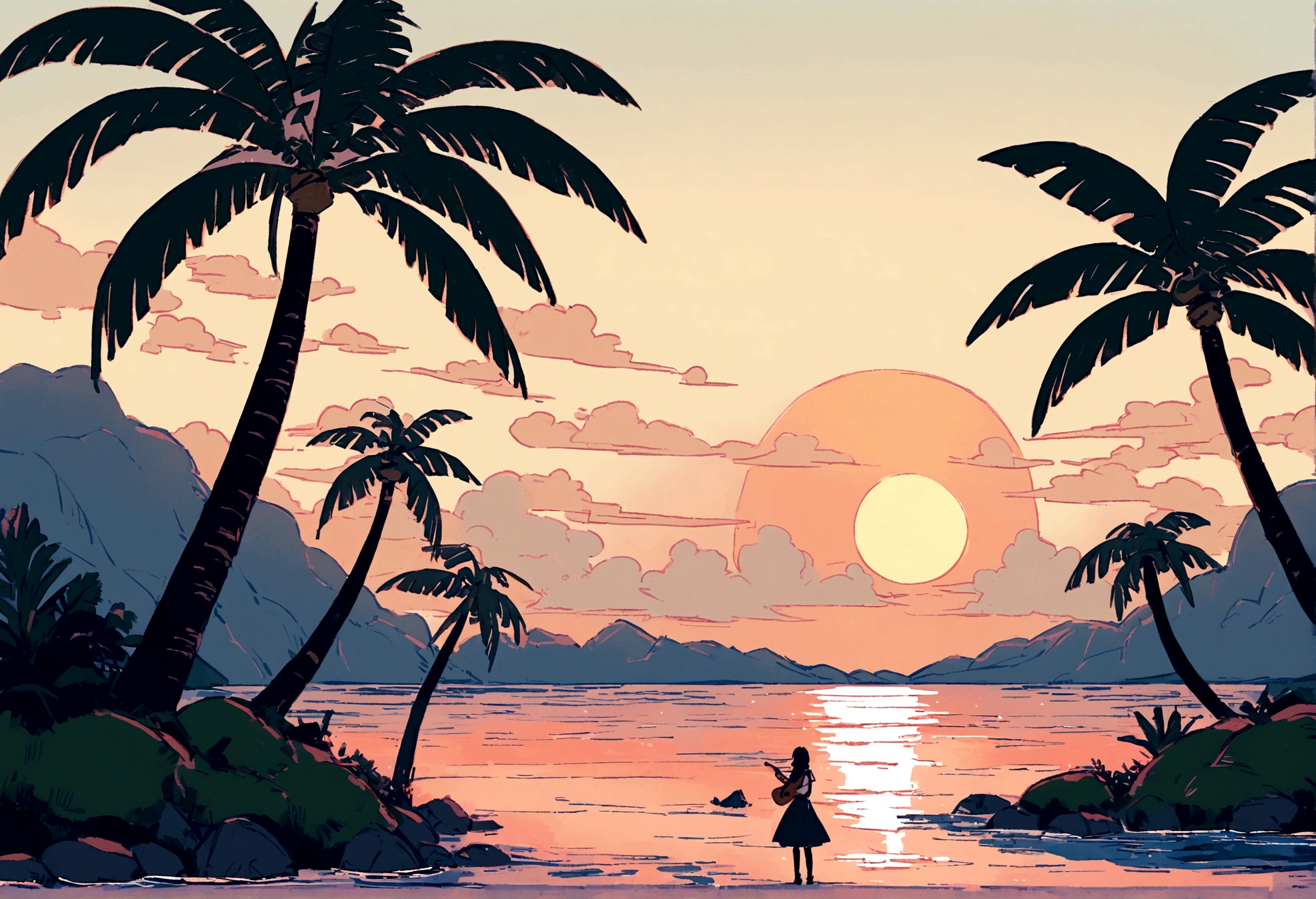 Studio Ghibli Style HMC, 夕暮れ時に棚に座ってplay the guitar少年, Wallpaper 8k,  play the guitar, LOFI Girl,(Warm, vibrant colors), (soft, Golden Light), (Sparkling reflections on the water), Anime Style，Ocean，Oceanのビーチ，Coconut Tree