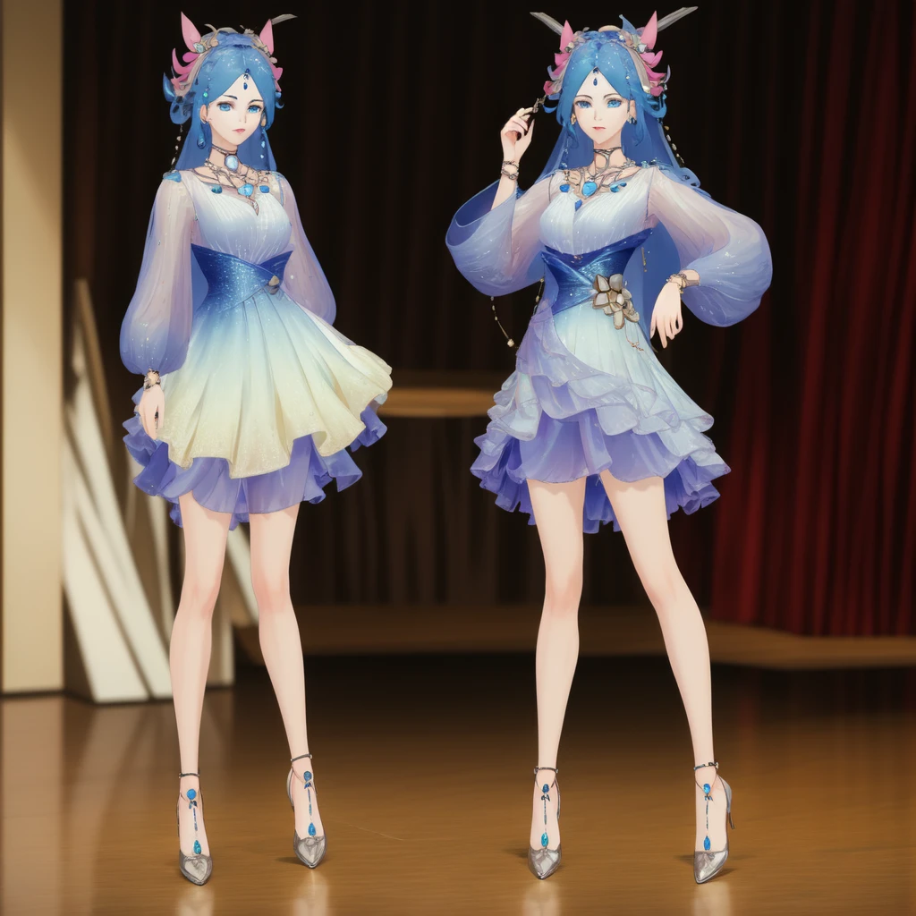 8k,highres,absurdres,masterpiece,best quality,original,extremely detailed CG,extremely detailed wallpaper,perfect lighting,1girl,solo,blurry_background,looking_at_viewer,standing on the stage,
WZRYdiaochanHQG,blue hair,dress,bare legs,long hair,blue eyes,hair ornament,jewelry,high heels,necklace,puffy long sleeves,