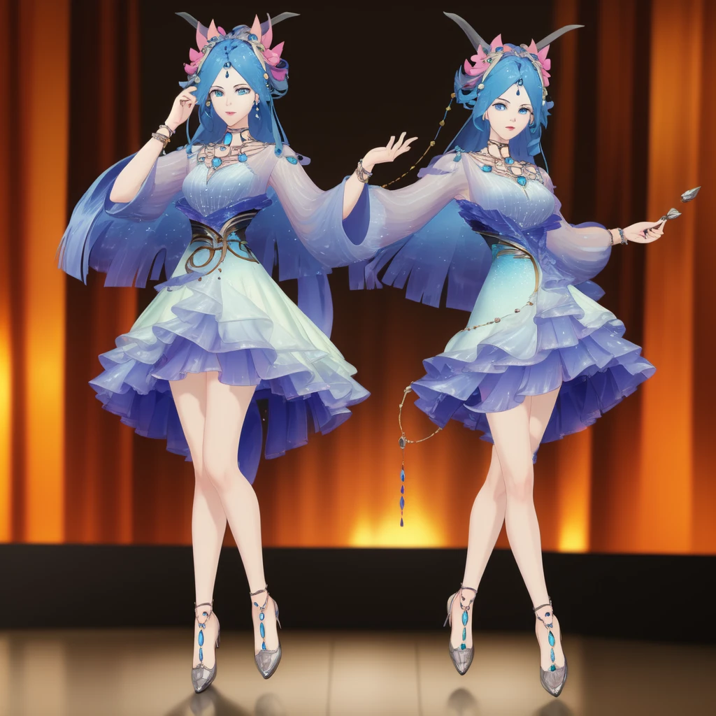 8k,highres,absurdres,masterpiece,best quality,original,extremely detailed CG,extremely detailed wallpaper,perfect lighting,1girl,solo,blurry_background,looking_at_viewer,standing on the stage,
WZRYdiaochanHQG,blue hair,dress,bare legs,long hair,blue eyes,hair ornament,jewelry,high heels,necklace,puffy long sleeves,