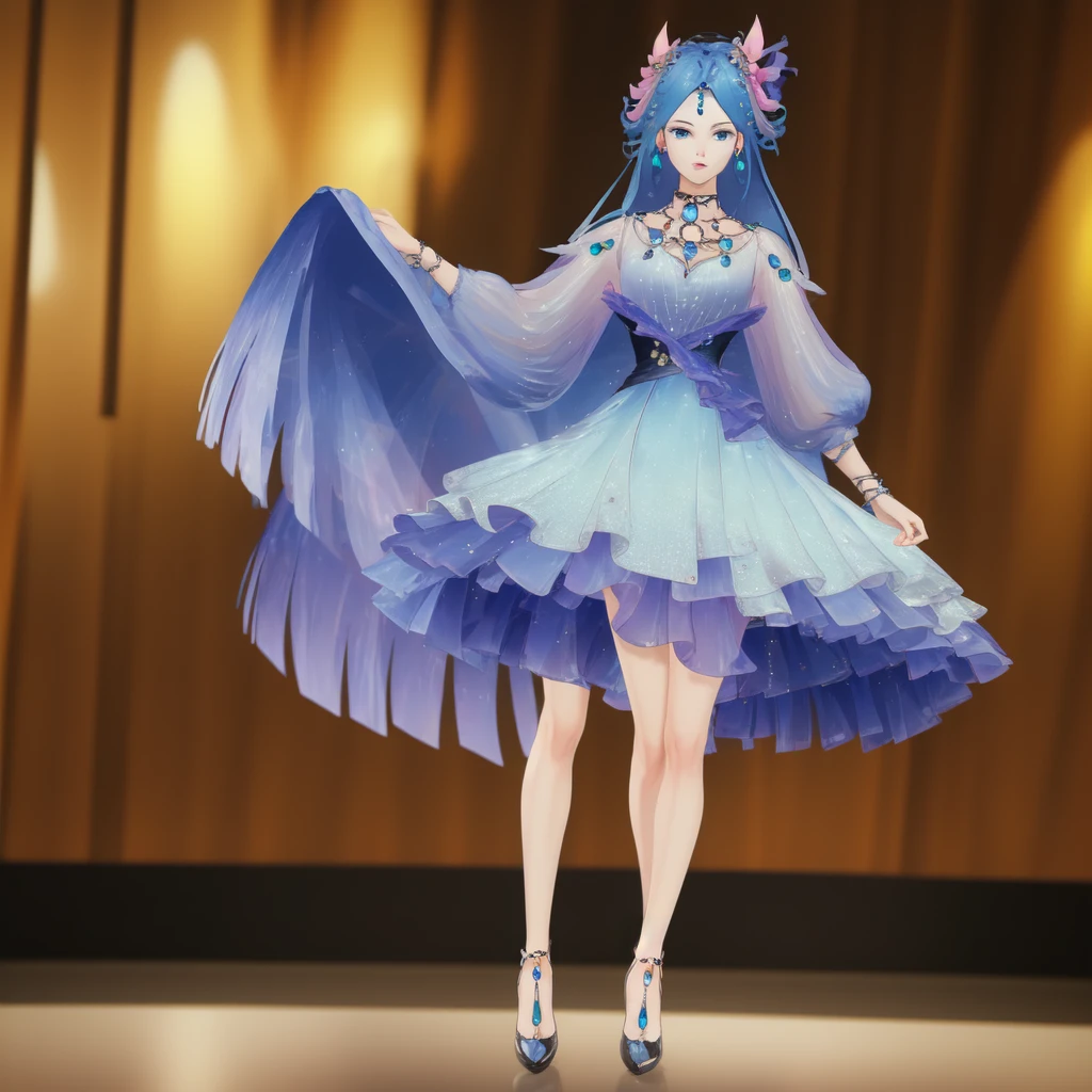 8k,highres,absurdres,masterpiece,best quality,original,extremely detailed CG,extremely detailed wallpaper,perfect lighting,1girl,solo,blurry_background,looking_at_viewer,standing on the stage,
WZRYdiaochanHQG,blue hair,dress,bare legs,long hair,blue eyes,hair ornament,jewelry,high heels,necklace,puffy long sleeves,