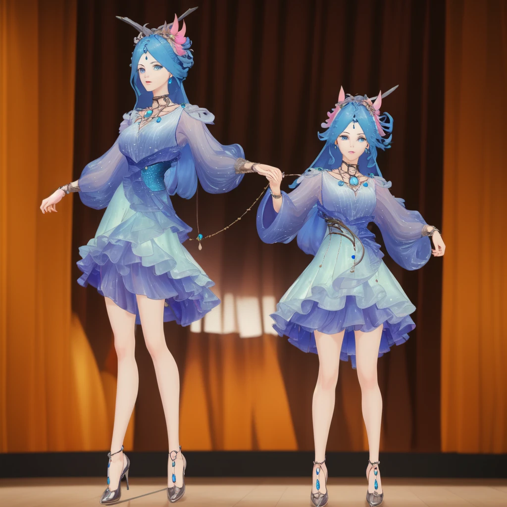 8k,highres,absurdres,masterpiece,best quality,original,extremely detailed CG,extremely detailed wallpaper,perfect lighting,1girl,solo,blurry_background,looking_at_viewer,standing on the stage,
WZRYdiaochanHQG,blue hair,dress,bare legs,long hair,blue eyes,hair ornament,jewelry,high heels,necklace,puffy long sleeves,