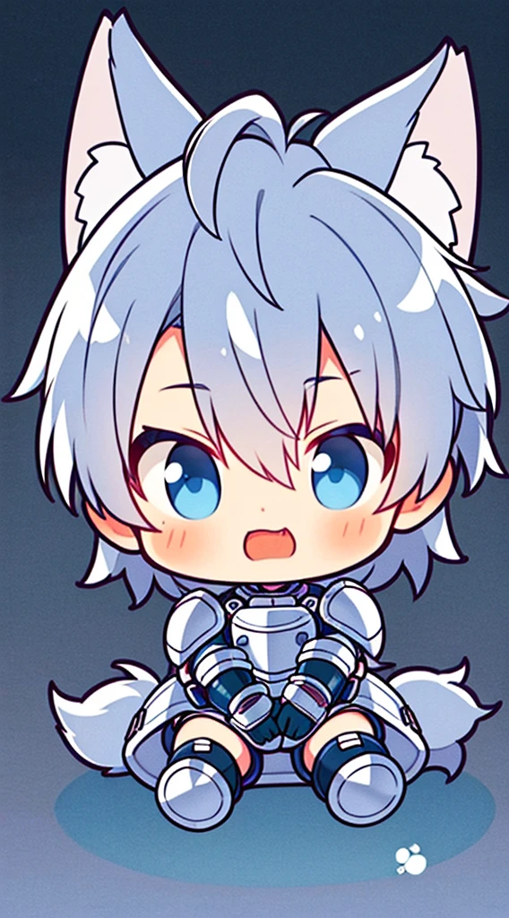 GameCG,8K quality,((Young boys)),childhood feelings,Anime male protagonist,Wolf ears,Beast tail,Handsome face,silber hair,Tactical communication goggles,Silver dye,Blue dye,One piece mechanical armor,Mechanical gloves,Mechanical combat boots,Full body like,spread your legs,Beat the,sitting on box,Personal close-up