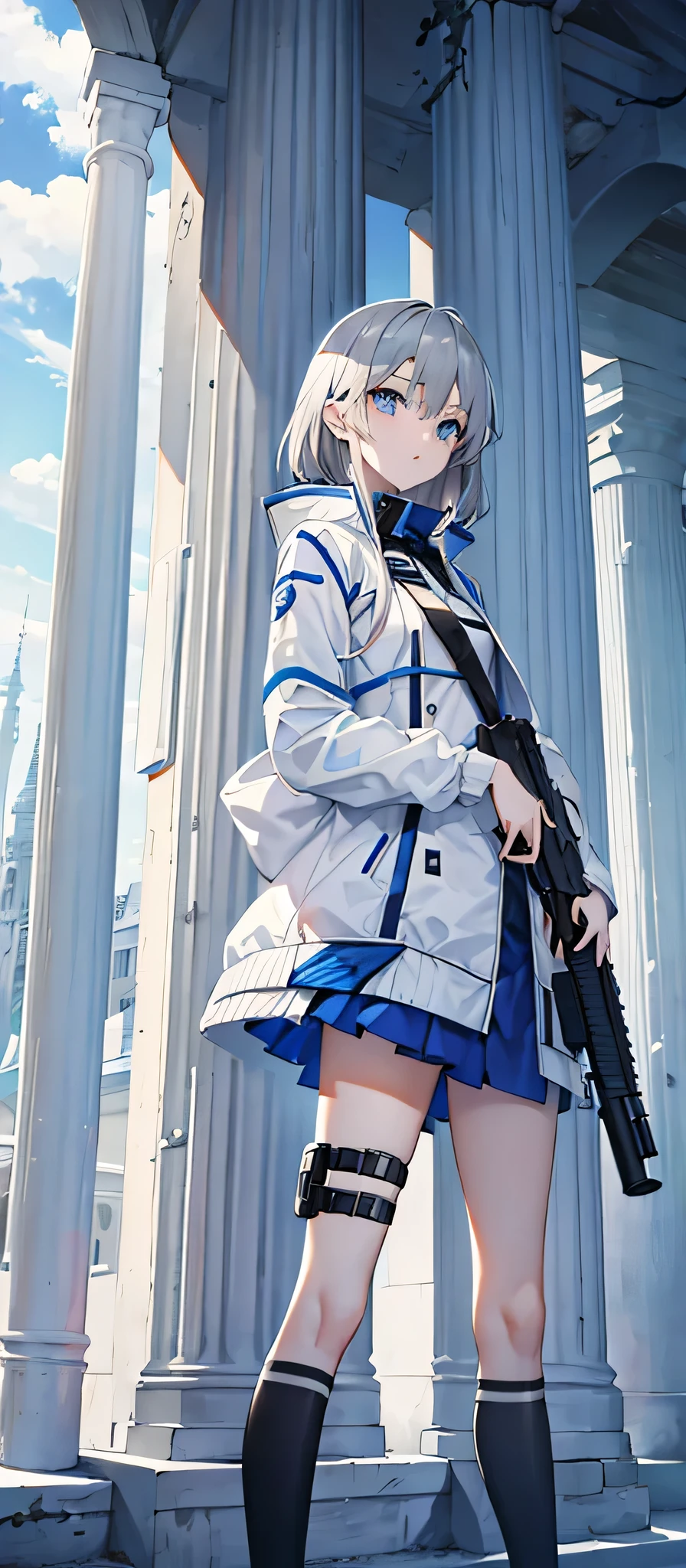 Girl,Gray Hair,Blue Eyes。Carrying two long columns,White jacket on upper body,Blue miniskirt,Technology,flat chest,Holding a gun,Airplane anthropomorphism。