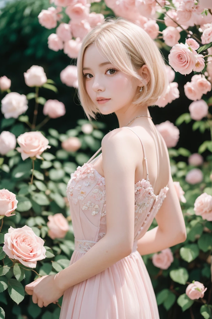 8k, RAW Photos, Fujifilm, Avril-like style photo of a beautiful young woman in a garden of pale pink roses (Highly detailed skin: 1.2) Style Petal Break Short Hair, Blonde and colored hair, Wearing a dress, Film Granulation, 35mm, Cute Style