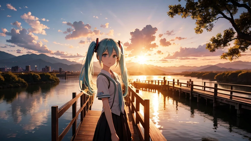 Hatsune Miku standing on a wooden bridge illuminated by the setting sun。She stared into the distance、I&#39;m reminiscing on fond memories。Surrounded by a quiet lake、Her hair is blowing in the wind。This scene is、It has a calm and emotive atmosphere that connects the past and the present.。