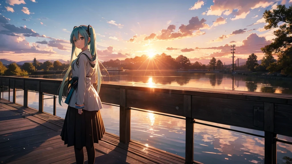Hatsune Miku standing on a wooden bridge illuminated by the setting sun。She stared into the distance、I'm reminiscing on fond memories。Surrounded by a quiet lake、Her hair is blowing in the wind。This scene is、It has a calm and emotive atmosphere that connects the past and the present.。