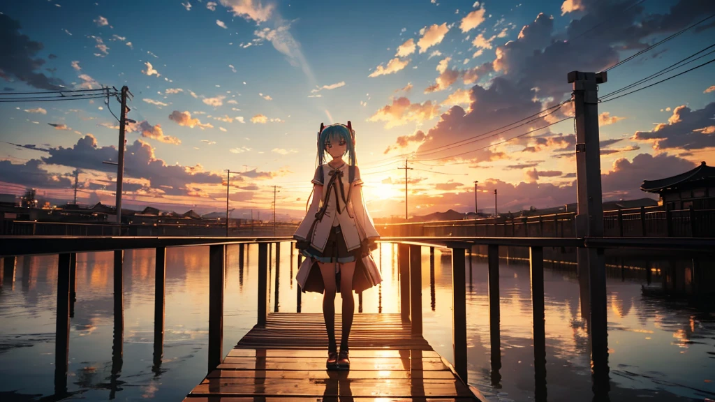Hatsune Miku standing on a wooden bridge illuminated by the setting sun。She stared into the distance、I'm reminiscing on fond memories。Surrounded by a quiet lake、Her hair is blowing in the wind。This scene is、It has a calm and emotive atmosphere that connects the past and the present.。