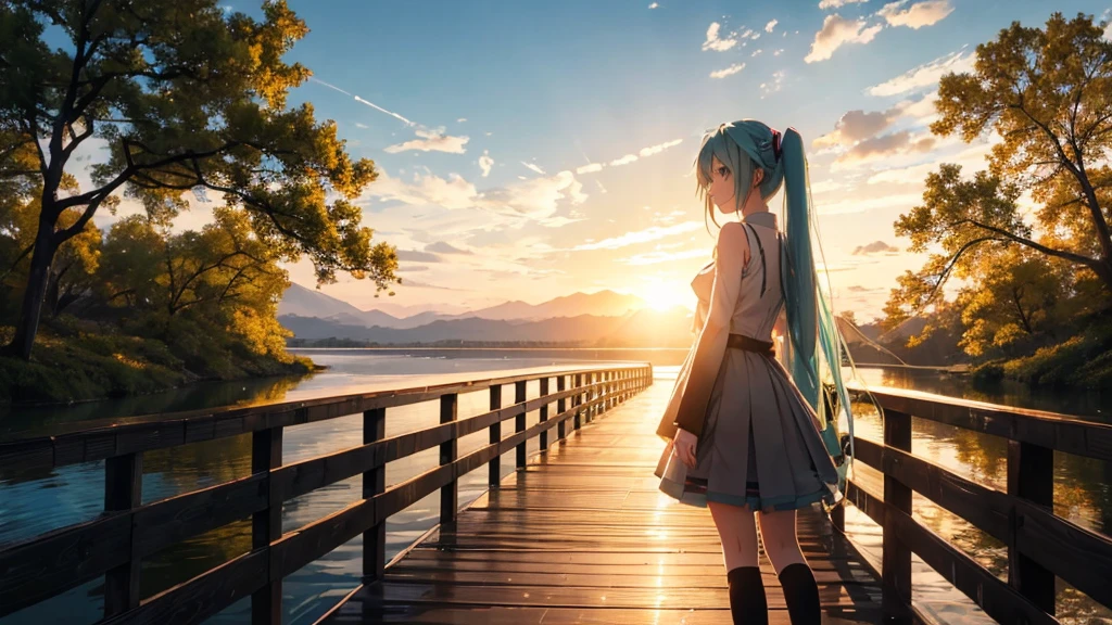 Hatsune Miku standing on a wooden bridge illuminated by the setting sun。She stared into the distance、I'm reminiscing on fond memories。Surrounded by a quiet lake、Her hair is blowing in the wind。This scene is、It has a calm and emotive atmosphere that connects the past and the present.。