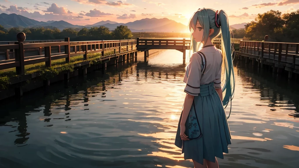 Hatsune Miku standing on a wooden bridge illuminated by the setting sun。She stared into the distance、I&#39;m reminiscing on fond memories。Surrounded by a quiet lake、Her hair is blowing in the wind。This scene is、It has a calm and emotive atmosphere that connects the past and the present.。