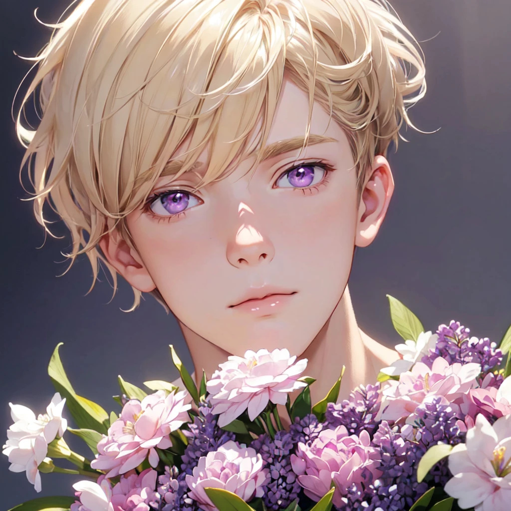 1boy holding a bouquet of pink and white flowers, handsome and delicate face, ((soft purple eyes)), ((blonde hair)), background all white, (natural skin texture), (regular lighting) (hyperrealism:1.2), focused,[[realistic]]