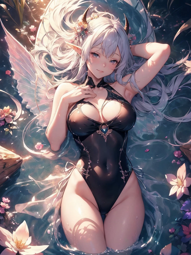 最high quality、1 woman elf、((sleep on your back))The Strongest Succubus、Open your eyes、View here、Wet、Floating on water、Sleeping on your back、beautiful瞳、beautiful装飾の水着、bikini,最high quality , fractal art ((smile、))((sleep on your back ))SMqueen、Orgasm、Ecstasy、Bigger on the front、 beautiful輝き,High-definition depiction, Realistic, 8k, Unity, beautiful太もも,,Giant Devil's Wings、虹colorに輝く翼、、 light smile, Beautifully and vividly drawn, , beautiful beautiful透き通る肌、輝くbeautiful装飾の魔法、Giant horns、 demon king、、beautiful装飾の角、 , beautiful、 Romanticism,mosquito。 混沌の最もbeautiful形, Mr..々color, Intertwined flowers, P article,Magical gentle light,smile,,image quality、masterpiece、beautiful顔、Super beautiful elf woman((Big breasted 22 year old office lady、Bust 100,Beautiful long ironed hair、Silver Hair、height: 165cm。、Esbian、、high quality、、Visual Arts、最high quality、1 woman elf ,beautiful fractal art light、Beautiful radiance,High-definition depiction, Realistic, 8k, Unity, , light smile, Beautifully and vividly drawn, , Beautiful, beautiful, clear skin、 ((see-through swim suit,))Countless rays of light pouring down, Swirling Light, big background, , Intense light is emitted . Romanticism,: 品質sleep on your back