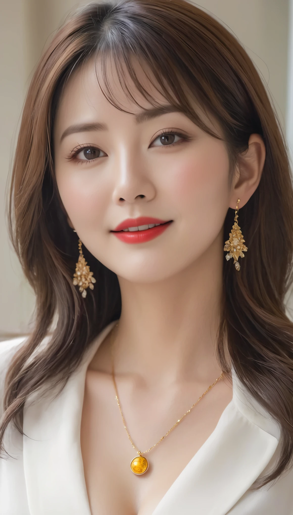 masterpiece,Highest quality,wonderful,(セクシーなMature Woman:1),(Mature Woman:1.3), (50-year-old woman.1.3)、(((very, very大きい)))、(((Big big boobs)))、(((Big big cleavage)))、Hyper Real、In the lounge of a luxury hotel、A dignified smile、White skin、Delicate and precise skin texture、Long fluffy brown hair、Japanese women、(Big Ass)、Thick thighs、Bright red lips、Gold earrings、Gold bracelet、Gold Necklace、{Charcoal gray suit(White blouse)}、