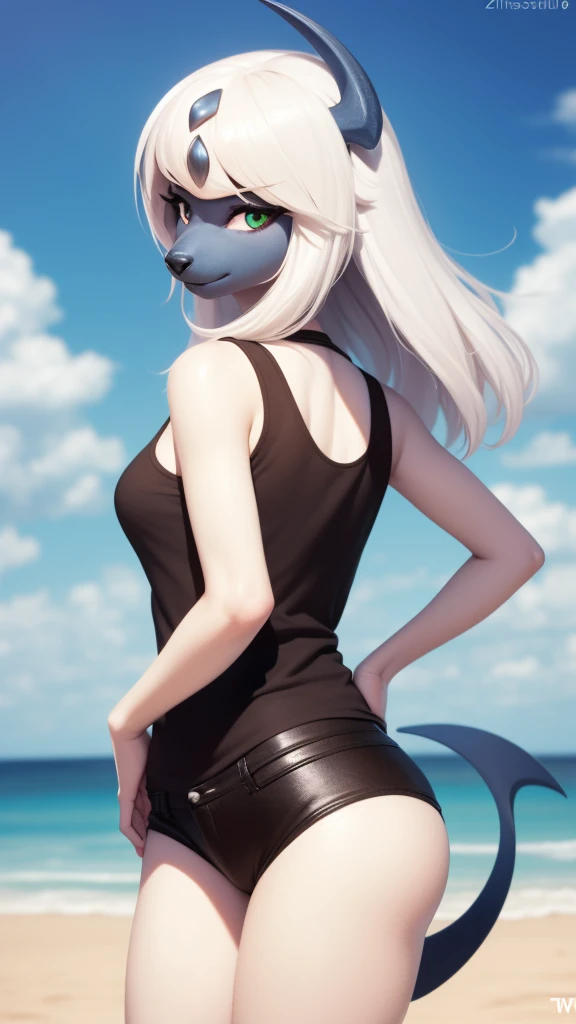 A female dog with extremely wide hips, extremely humongous thighs, extremely humongous ass, extremely humongous breasts, Huge tits, huge pussy, black tit and pussy highlights, skinny, small giantess, white hair, white fur, white body, pure white body, dripping, black sclera and pure white iris with pure white pupils. eight pure White tentacles attached to her back. no clothes, wearing a tight black crop top hoodie, and extremely thin black strip panties. standing in the water at a beach next to the dock, her eight tentacles going from her back to the water and rising out of the water.