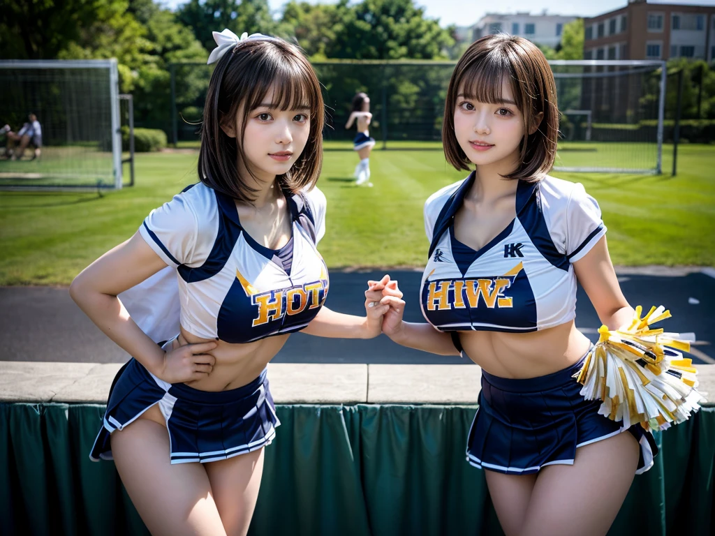(RAW photo, 4k, masterpiece, high resolution, extremely complex) (realistic: 1.4), cinematic lighting
((2 girls, 2 schoolgirls)),blushing,((innocent)),bright eyes,round eyes,blunt bangs,(short bob hair:1.3),black hair,large breasts,wide hips,Summer Noon, ,Hot, (Best Quality), (Highres), (an Extremely Delicate and Beautiful),(Beautiful 8k face),(Brown eyes),( spectators),(gigantic breasts),(Play with each other,Touching each other's bodies,Touching the body),(cheer girl:1.5),(a miniskirt),(reality),bright lighting,(The background is a luxury hotel room)