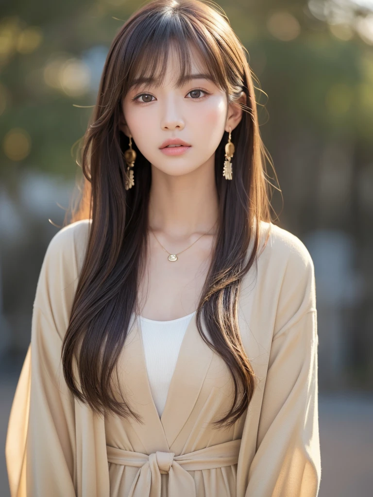 ((Highest quality, 8K, masterpiece:1.3)), concentrate: 1.2, Perfect body beauty: 1.4, Hips: 1.2, ((Long Hair, chest: 1.2)), (Dry clothes: 1.1) , (clear, Simple Background:1.3), Simple clothes: 1.1, Highly detailed face and skin texture,Delicate eyes, double eyelid, Whitened skin, Rough skin、Long Hair、Earrings with bangs、necklace、 solo、Beige coat、White shirt, (((Beautiful girl with cute Japan)))、 ((Beautiful Japanese girl 20 years old))、 ((Baby Face))、 (((Slender body)))、 Upper Body,Face focus、necklace,Simple Background,From above, Realistic Hair、 A photograph was taken:Canon EOS R6、135mm、1/1250 seconds、f2.8、ISO400、(Detailed explanation of the hand)、(Masseter muscle area)、(Exquisite CG)、Long Hair, loose and curly hair、Korean Hair、Long Hair明るいベージュ色、グラデーションハイライトグレージュのゆるふわLong Hairスタイル、