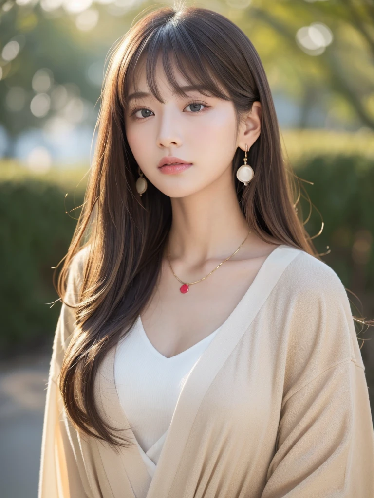  ((Highest quality, 8K, masterpiece:1.3)), concentrate: 1.2, Perfect body beauty: 1.4, Hips: 1.2, ((Long Hair, chest: 1.2)), (Dry clothes: 1.1) , (clear, Simple Background:1.3), Simple clothes: 1.1, Highly detailed face and skin texture,Delicate eyes, double eyelid, Whitened skin, Rough skin、Long Hair、Earrings with bangs、necklace、 solo、Beige coat、White shirt,  (((Beautiful girl with cute Japan)))、  ((Beautiful Japanese girl 20 years old))、 ((Baby Face))、 (((Slender body)))、  Upper Body，Face focus、necklace，Simple Background，From above， Realistic Hair、 A photograph was taken:Canon EOS R6、135mm、1/1250 seconds、f2.8、ISO400、(Detailed explanation of the hand)、(Masseter muscle area)、(Exquisite CG)、Long Hair, loose and curly hair、Korean Hair、Long Hair明るいベージュ色、グラデーションハイライトグレージュのゆるふわLong Hairスタイル、