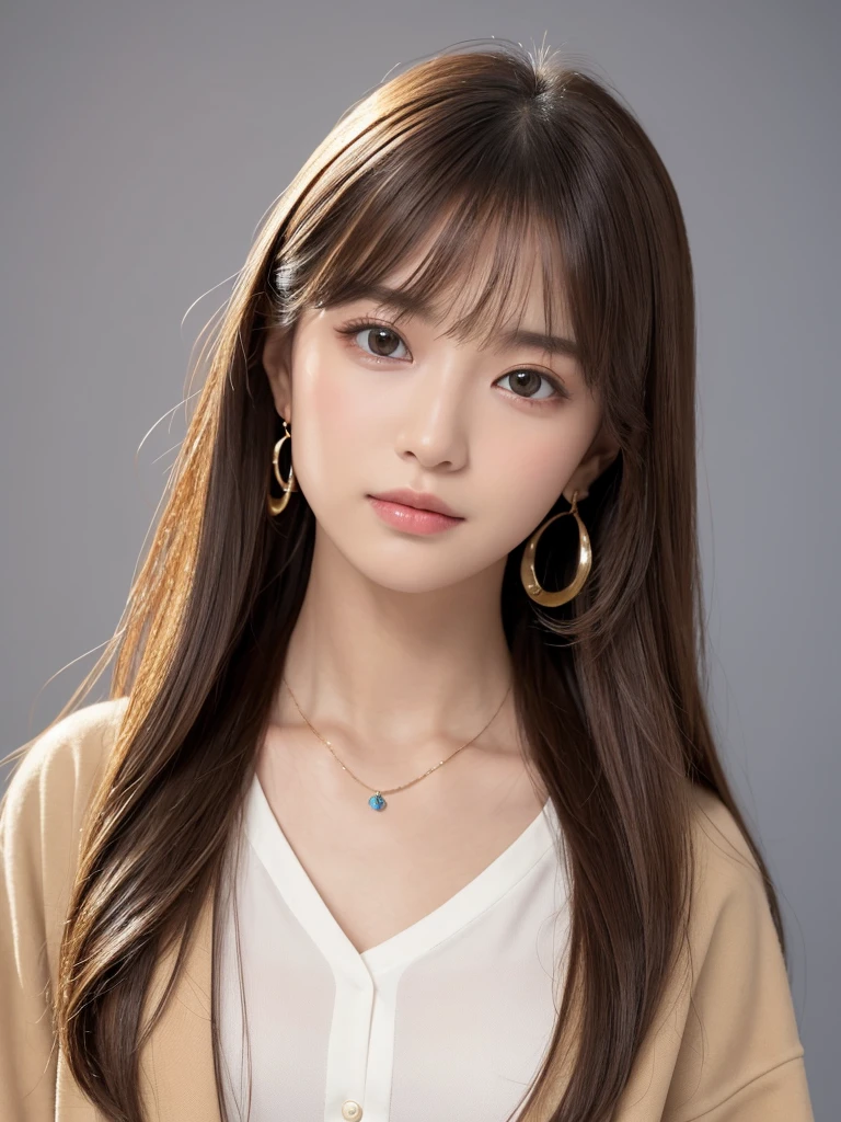 ((Highest quality, 8K, masterpiece:1.3)), concentrate: 1.2, Perfect body beauty: 1.4, Hips: 1.2, ((Long Hair, chest: 1.2)), (Dry clothes: 1.1) , (clear, Simple Background:1.3), Simple clothes: 1.1, Highly detailed face and skin texture,Delicate eyes, double eyelid, Whitened skin, Rough skin、Long Hair、Earrings with bangs、necklace、 solo、Beige coat、White shirt, (((Beautiful girl with cute Japan)))、 ((Beautiful Japanese girl 20 years old))、 ((Baby Face))、 (((Slender body)))、 Upper Body,Face focus、necklace,Simple Background,From above, Realistic Hair、 A photograph was taken:Canon EOS R6、135mm、1/1250 seconds、f2.8、ISO400、(Detailed explanation of the hand)、(Masseter muscle area)、(Exquisite CG)、Long Hair, loose and curly hair、Korean Hair、Long Hair明るいベージュ色、グラデーションハイライトグレージュのゆるふわLong Hairスタイル、