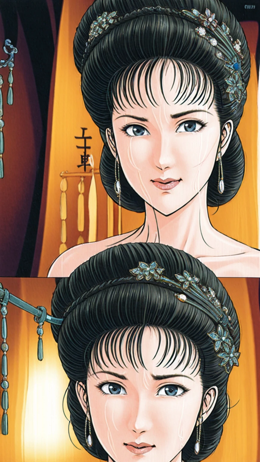 (best quality), (very aesthetic), (ultra-detailed), (best illustration),(a mature female),(perfect face),Suikoden,Mrs. Lin,(((NSFW))),((full_body)),((full_nude)),(crying),Covers mouth with right hand,red cheek,sweating,skinny,flushed skin,(hairly),(Missionary position sex),(resting the back of her head on a pillow),(She is lying face up on chinese traditional bed room),First person view