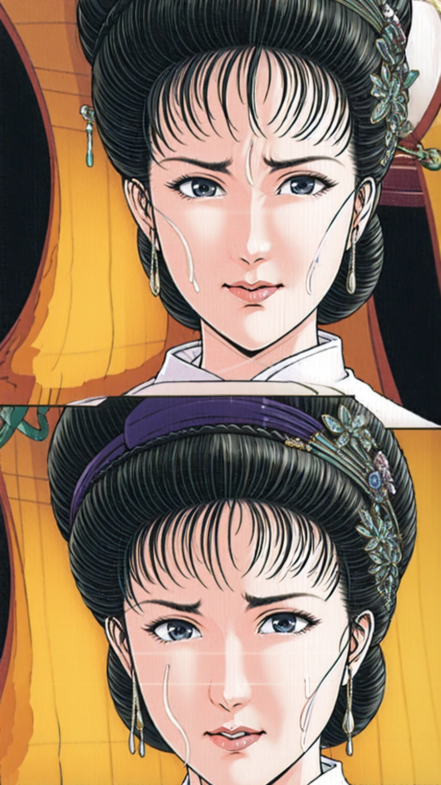 (best quality), (very aesthetic), (ultra-detailed), (best illustration),(a mature female),(perfect face),Suikoden,Mrs. Lin,(((NSFW))),((full_body)),((full_nude)),(crying),Covers mouth with right hand,red cheek,sweating,skinny,flushed skin,(hairly),(Missionary position sex),(resting the back of her head on a pillow),(She is lying face up on chinese traditional bed room),First person view