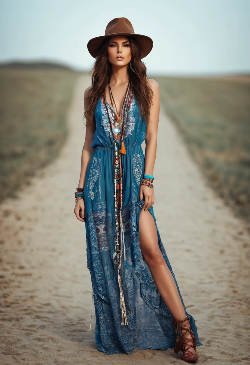 , Beautiful sexy woman , stand up, boho style, full-length