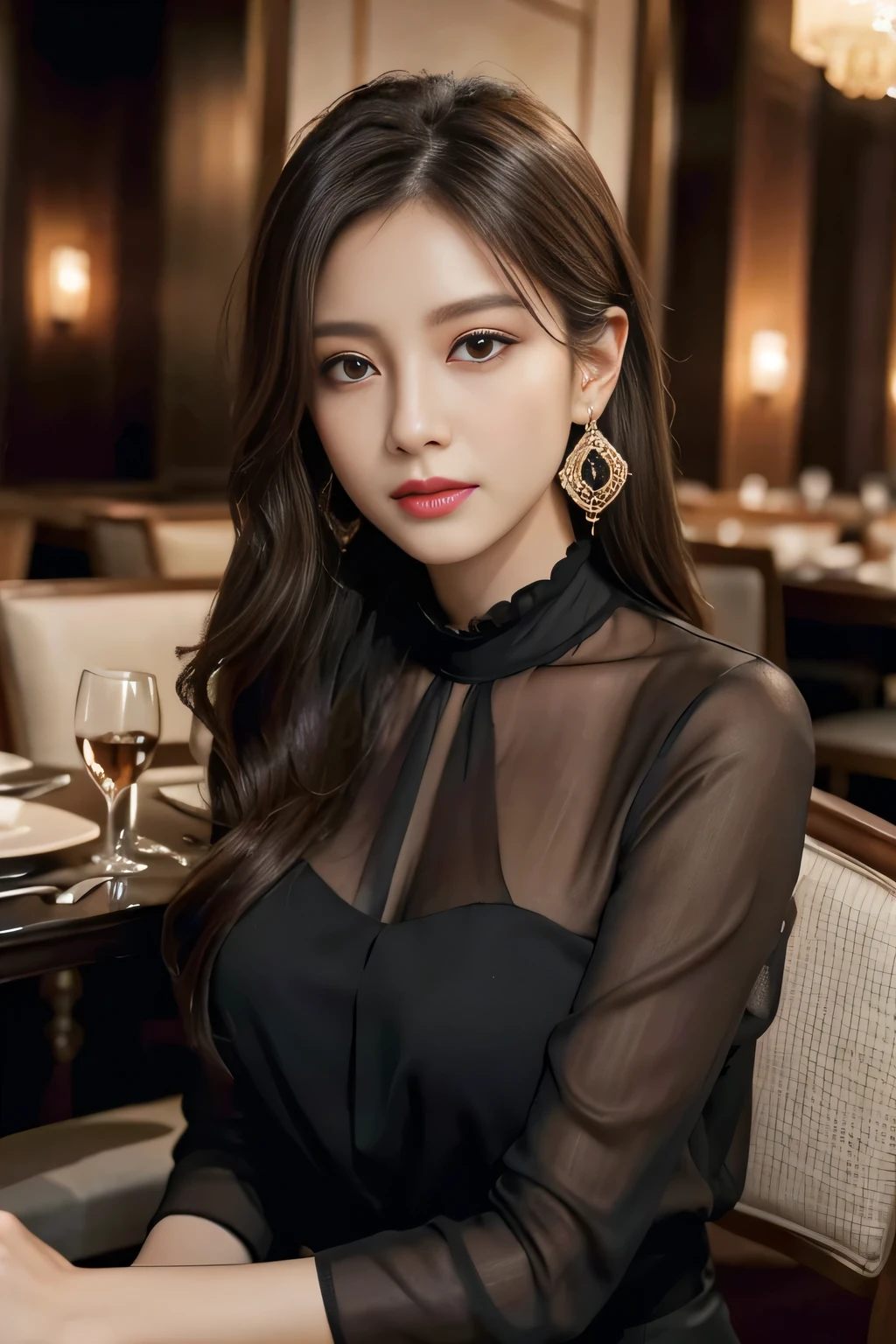do, Highest quality, Realistic, Very detailed, Finer details, High resolution, 8k wallpaper, One beautiful woman,Wear an elegant black see-through blouse, In a great restaurant, At night, Light brown messy hair, Perfect dynamic composition, Beautiful and beautiful eyes、Big earrings、Sit on a chair、