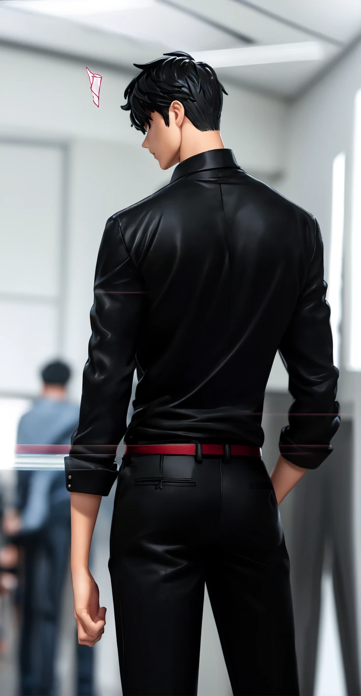 {{{{{masutepiece,Best Quality,ultra-detailliert}}}}},1 Handsome Man,Beautiful wet short hair,Handsome wet face,Cool eyes,Beautiful wet shirt and wet tie,Wet pants,Stand on a brick wall,Very heavy rain,Beautiful downtown background,Sweat,dark sky,Twilight Time,posterior view,from behind,not looking at viewer,Upper body