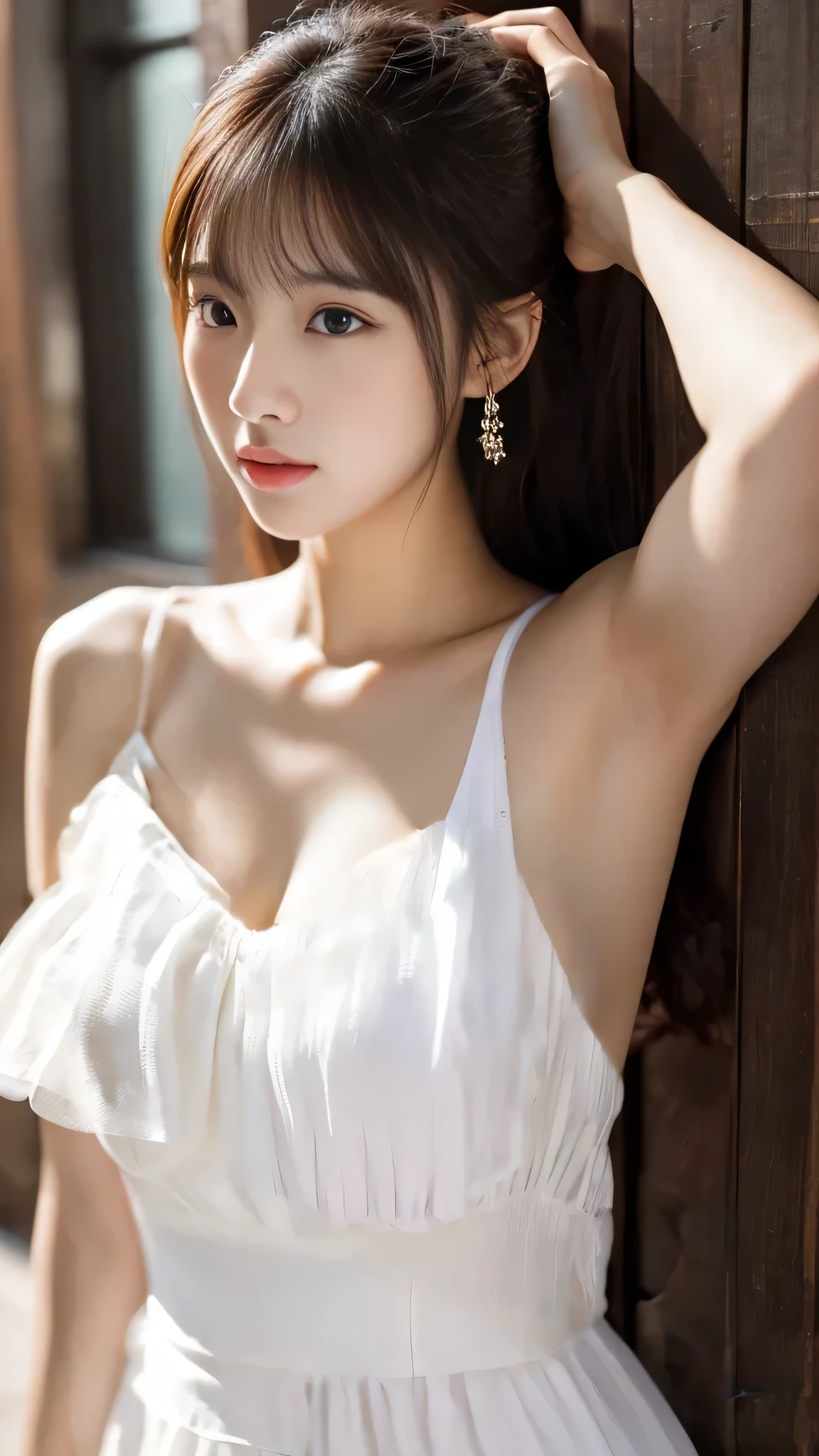 Pure white dress、skin、Brown wooden wall