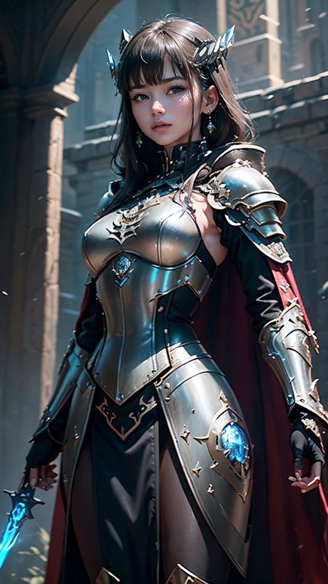 ((Highest quality、masterpiece、8k、Realistic、超High resolution:1.3、Very delicate and beautiful、High resolution))、Cinema Lighting、medium range shooting、Portraiture、Perfect female body、Opposition、Looking at the audience、((Women in a world where the Middle Ages and cyberspace coexist、Shining armor and cybernetic arms、Helmet with holographic display、Energy Blade、Luminous tattoo、Intricate coat of arms、Strengthening muscles、Mixed mithril and titanium armor、Digital decoration of elegant medieval dresses))、Augmented Vision Systemetal and leather mixed boots、Ancient magic meets high-tech gadgetry、Metallic feathers、Nanotechnology Amulet、Eyes that glow in the dark、glowing ornaments、Futuristic equipment belt、A fusion of medieval heraldry and cyberpunk elements、Combat Drone、Old-world elegance meets cyber cool、Otherworldly castles and neon cityscapes、Electric sword、Digital Shield、Sharp Eyes、A symbol of mixed culture、Ancient secrets and high-tech mysteries、optical camouflage cloak、Otherworldly background、LED lights embedded in the armor plates。
