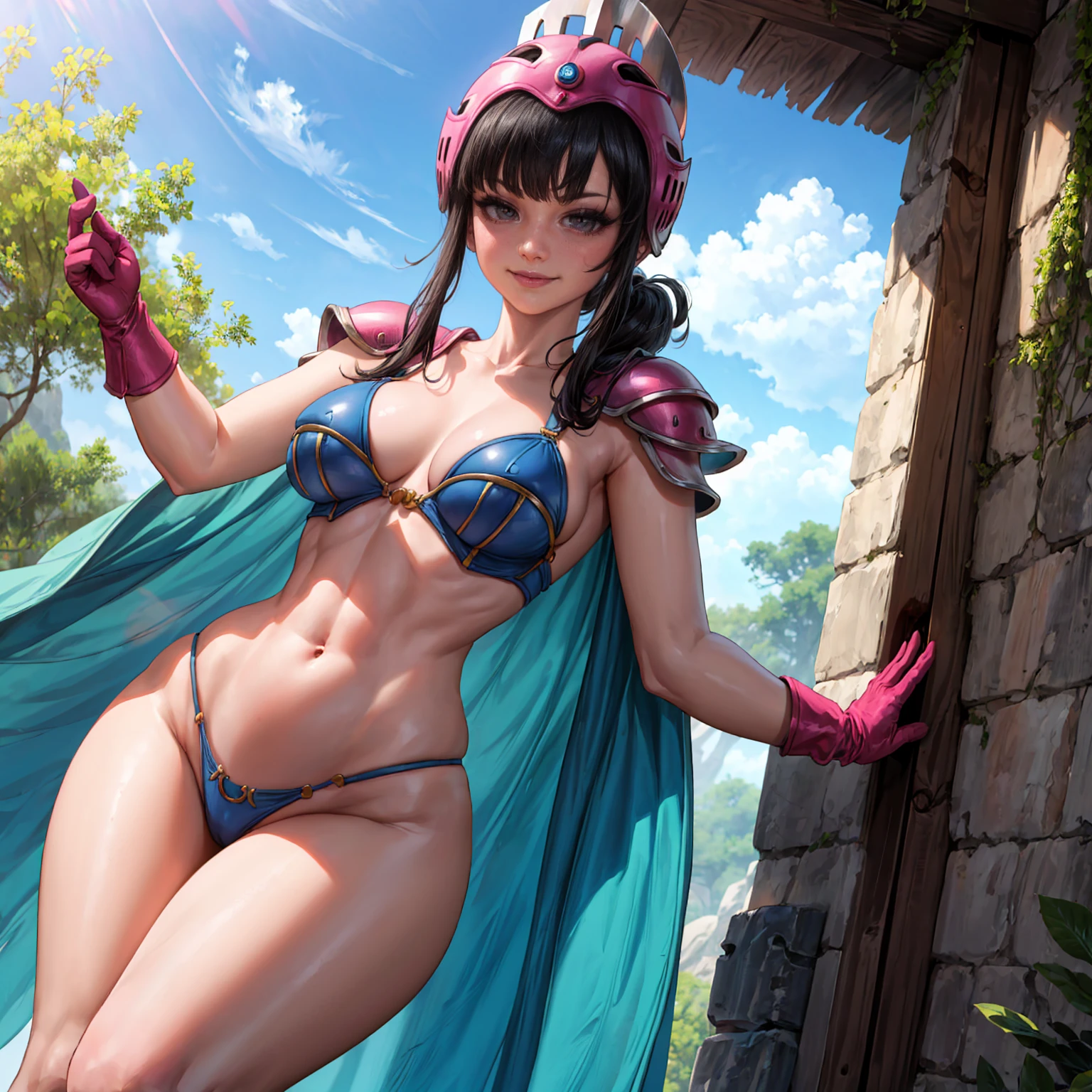 chi chi, ((long black hair, blunt bangs, sidelocks, ponytail, glowing black eyes, makeup, narrow waist, skinny, medium breasts, helmet)), pelvic curtain, ((armor, dark blue bikini armor, cape, collarbone, gloves, pink helmet, navel, shoulder armor)), full body, perfect body, (insanely detailed, beautiful detailed face, masterpiece, best quality) , (((solo))), (((1girl))), (((mature))), (extremely detailed 8k paper CG wall unit: 1.1), (nature, forest, cloud, sky, sun), (smile face for the viewer), underbutt, from behind, from back