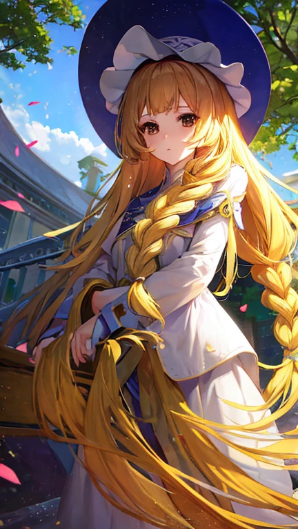 masterpiece, Highest quality, High resolution，Follow the prompts、Anime Style、One Girl、Lady、Long blonde、Pale brown eyes、Braid your bangs、白色のLadyドレス、Wide-brimmed hat