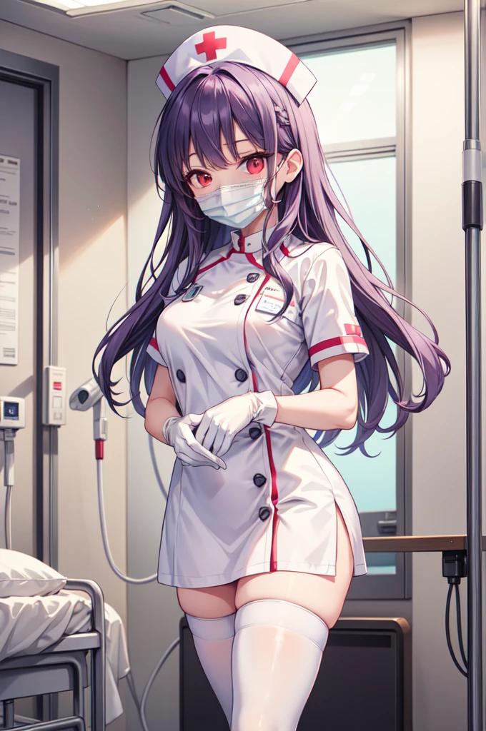 1woman, solo, nurse, white nurse cap, white nurse uniform, ((white legwear, zettai ryouiki)), white gloves, long hair, purple hair, red eyes, ((white surgical mask, covered nose)), standing, ((hospital room)), sharp outline, short sleeves, mature female, 35 years old, best quality, masterpiece