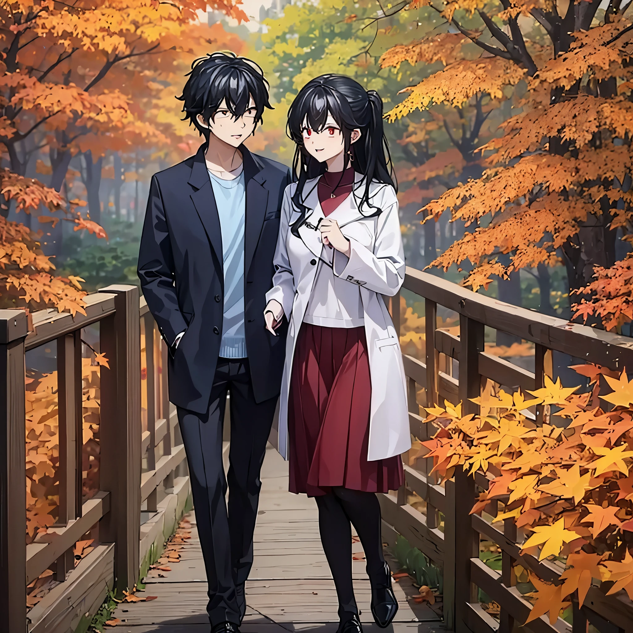 a man together with his wife(eye red) in casual clothes in an autumn themed park
