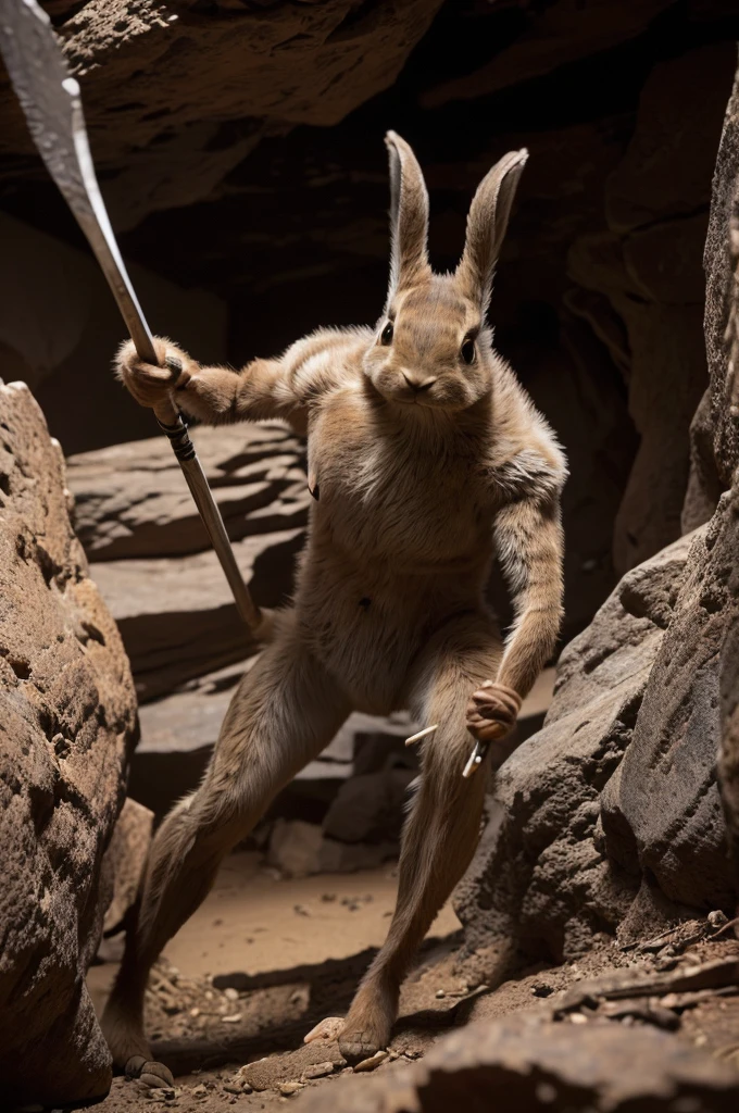 an anthropomorphic black and brown rabbit dressed as a cave man fighting a giant spider scorpion with a spear in a cave, masterpiece, best, photo realistic