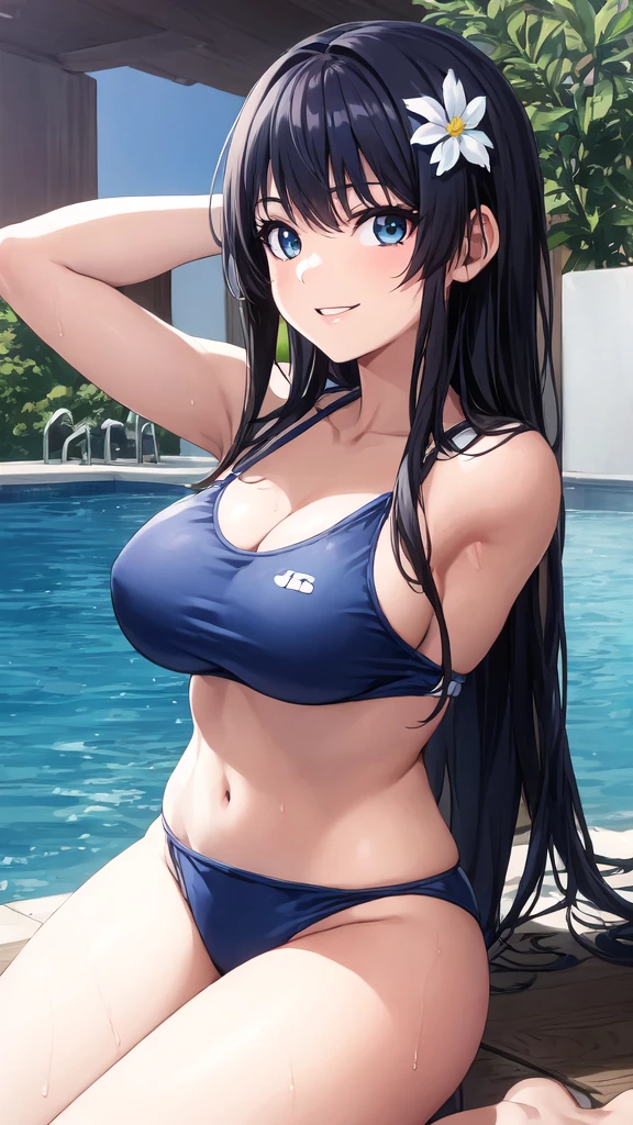 (Perfect hands, Perfect Anatomy:1.4), Satin Ruiko, alone,(紺のSchool Swimsuit:1.5),(A neat figure,thin:1.4),(Hairstyle is a princess cut:1.5),(Black Hair:1.4), blue eyes, (Black Hairの:1.4),(Black Hairの:1.4),Long Hair,(Straight long hair:1.4), hair ornaments, (1 white flower decoration:1.4),(tsurime:1.4),(Sitting),(Broke up_lips:1.4),(Hime cut:1.4),(Large Breasts:1.4),(Put your hands behind your head:1.2), (Wicked Smile:1.4),20-year-old,(Wet:1.2),Sit on, (View your viewers:1.3),(View from below:1.3), (Pool,Poolサイドで:1.4),(Dazzling sunlight,summer:1.4)、 break (Hime cut:1.4),(masterpiece:1.5),(Extremely accurate details,Ultra-high resolution:1.4),Highly detailed CG Unity 8k wallpaper,(Realistic,Photorealistic,超Realisticな:1.5),(curve,model,Glamour:1.5),Beautiful breasts,color_aberration,Beautiful detailed shadows,Beautiful Eyes,Beautiful body,Beautiful Skin,Beautiful Hands,(Aesthetic Anime Eyes:1.4),(figure:0.8), (Beautiful attention to detail:1.4), Highly detailed face, Perfect lighting, Highly detailed CG, (Perfect hands, Perfect Anatomy:1.4),School Swimsuit,