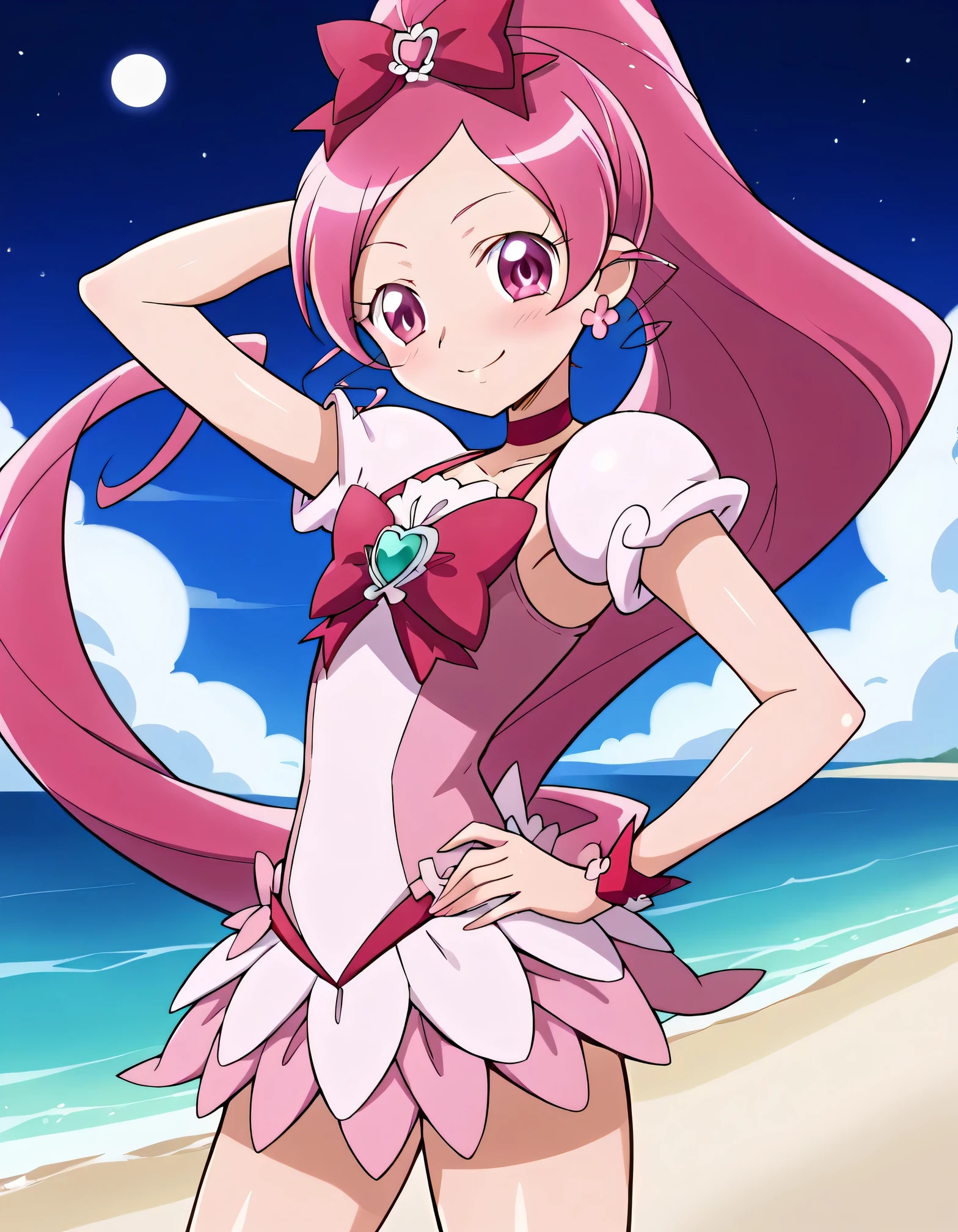 cureblossom, shiny skin, high quality, solo, 1girl, night sky, beach, arm behind head, hand on hip, sexy, (contrapposto), closed mouth, spread armpits, cowboy shot, looking at viewer, smile, best quality, blushing,