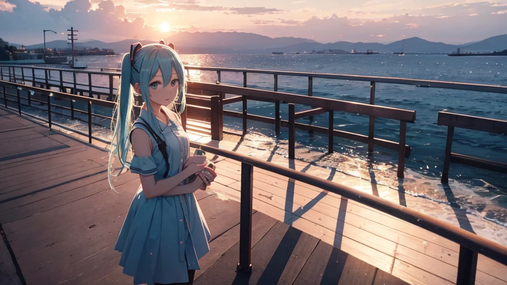 Hatsune Miku standing on a wooden bridge illuminated by the setting sun。She stared into the distance、I'm reminiscing on fond memories。Surrounded by a quiet lake、Her hair is blowing in the wind。This scene is、It has a calm and emotive atmosphere that connects the past and the present.。